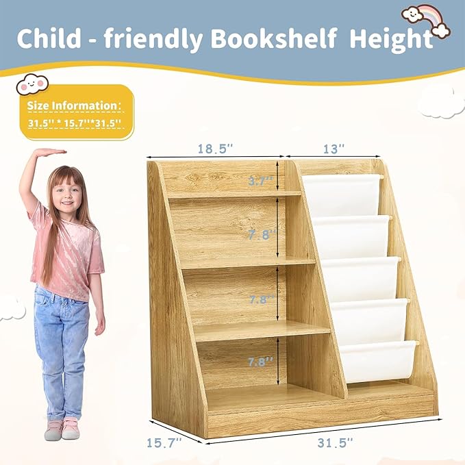 4-Tier Kids Wooden Bookshelf and Toy Storage, 4 Layer Sling Children Bookcase, Book Display Shelf for Kids Bedroom, Playroom, Nursery, Classroom