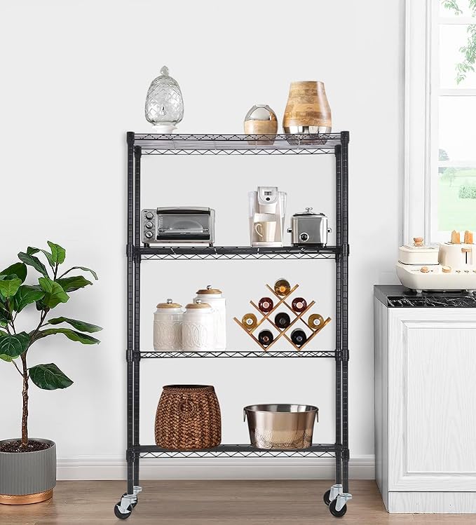 4-Tier Adjustable Shelf Shelving Unit Shelves Shelf Heavy Duty Storage Steel Organizer Wire Rack (1400 lbs Loading Capacity) with Wheels Multi-Function Easy Assembly,Black