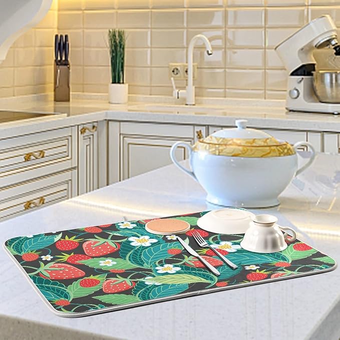 Absorbent Dish Drying Mat for Kitchen Counter - Strawberry Leaves Microfiber Drying Pad, Reversible Drainer Mats for Countertop, Large 18" x 24"