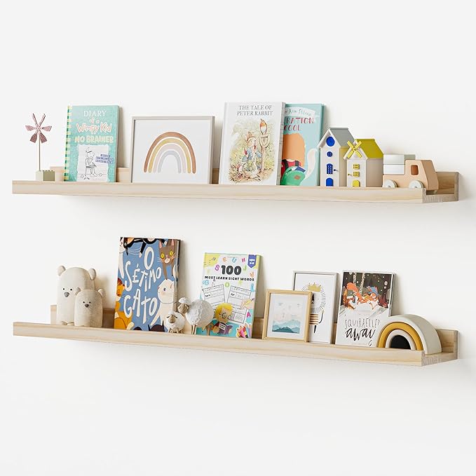 Floating Shelves for Wall, 36 inch Solid Wood Picture Ledge Shelf, Picture Shelf for Wall with Ledge, Floating Book Shelves for living room Bedroom Kitchen Nursery Decor, Natural Unfinished, Set of 2-NeatNest