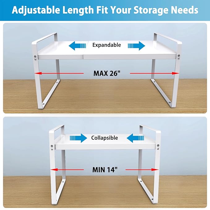 Expandable Cabinet Shelf Organizer 14-25 Inch Adjustable Length, 9" Wide 2-Tier (8" Bottom Layer) Metal Storage Rack for Kitchen Pantry, Under Sink Countertop - Heavy Duty White(1 Pack)