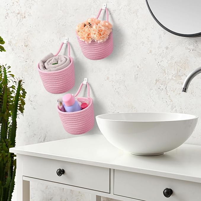 Fabric Wall Hanging Baskets - 3Pack Woven Pouchs Boho Style Wall Mounted Bag with Adhesive Hooks, Storage Organizers and Decoration Pocket Caddy Bins on Door Rack (Bright Pink & White, Large)