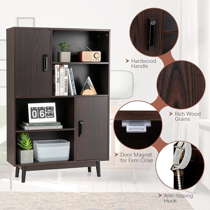 Giantex Storage Cabinet with Legs, Floor Cabinet with Doors, Shelves, Anti-Tipping Device, 4-Tier Bookshelf for Books & Photos, Tall Cupboard in Living Room, Kitchen Buffet Sideboard (Brown)