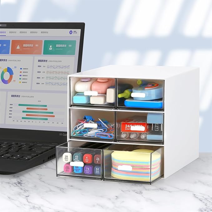 Desk Organizer with 5 Drawers, Rectangular Office Stationery Supplies Desktop Drawers, Plastic Makeup Storage, Suitable for Office, School, Home (White & 6 Drawers)-NeatNest