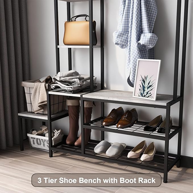 Hall Tree with Shoe Storage Bench Coat Rack with 7 Hooks Interchangeable 4 Tier Side Storage Shelves Small Cute Side Bench Industrial 5-in-1 Entryway Coat Rack for Hallway Mudroom Bedroom