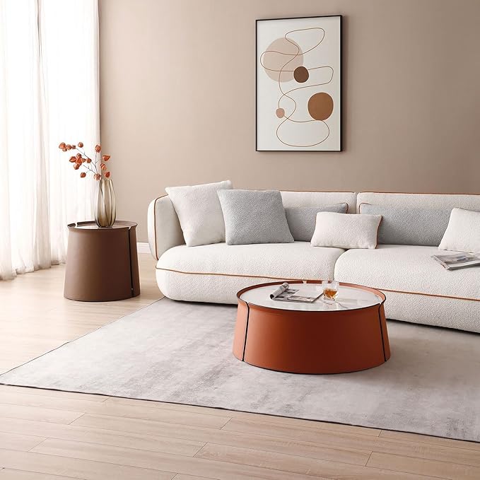 KEVINSPACE Coffee Table, Faux Marble & Orange, Modern Coffee Table for Living Room Mid Century Round Coffee Table for Living Room Furniture White Nesting Table Waiting Area, Bedroom, Office ø31.49