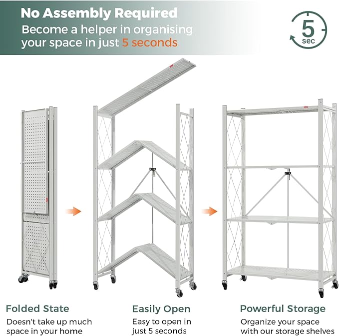 DEANIC 4 Tier Foldable Storage Shelves with Wheels, Large Capacity Shelving Unit, Freestanding Metal Wire Shelf Rack, No Assembly Organizer Rack for Garage Kitchen, Basement, Pantry(Grey Pack of 2)-NeatNest