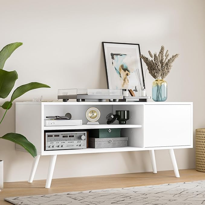 Cozy Castle TV Stand for 48 Inch TV, Mid Century Modern Entertainment Center with Storage Cabinet, TV Media Console with Charging Station for Living Room, Bedroom, White-NeatNest