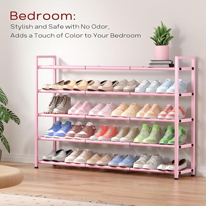 Bumusty 5-Tier Long Expandable Shoe Rack for Closet, 18"-44" Adjustable Shoe Rack for Entryway, 25-30 Pairs Large Shoe Organizer Shelf Storage, Sturdy Metal, Pink-NeatNest