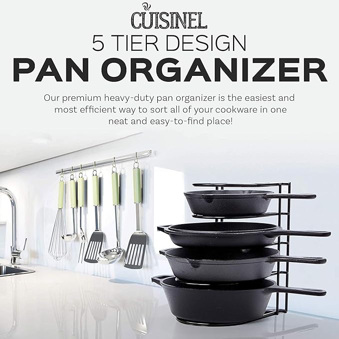 Cuisinel Heavy Duty Pots and Pans Organizer Rack - 12.2"-Inch Tall - 5 Tier Rack - Holds 50 LB - Cast Iron Skillets, Griddles, Shallow Cookware - Space Saving Kitchen Storage - No Assembly Required-NeatNest