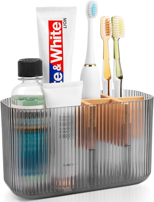 Black Bathroom Accessories - 5 Slots Toothbrush Holders for Bathrooms Sink Organizer Countertop Kids Bathroom Storage Caddy Decor-NeatNest