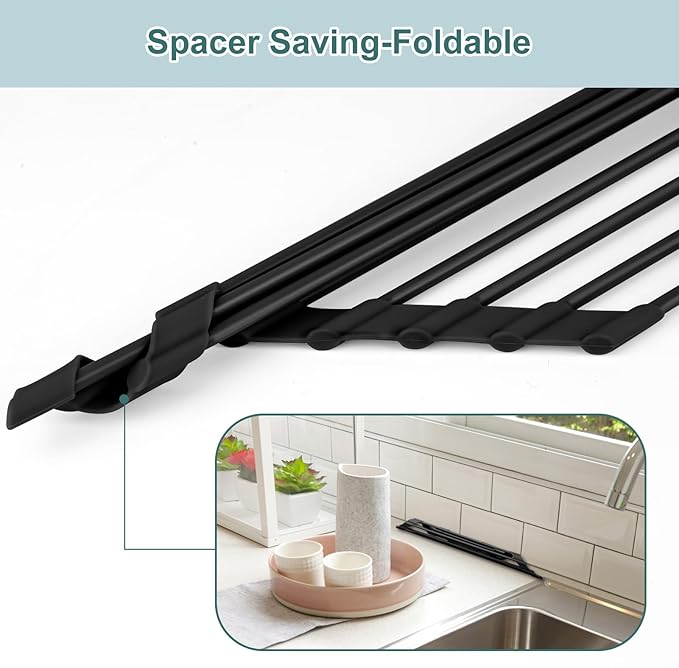 MERRYBOX Triangle Roll Up Dish Drying Rack Over The Sink, 2025 Anti-Rust Sink Drying Rack with Full Silicone Wrapped for Top of Sink Coner, Anti-Slip Organizer for Kitchen