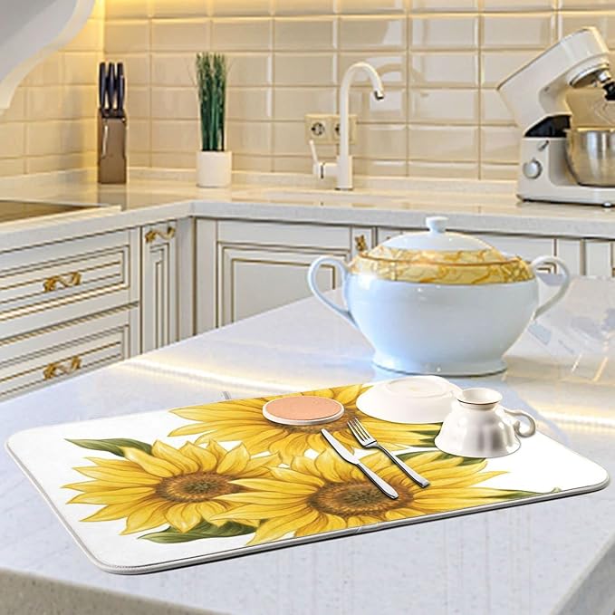 Absorbent Dish Drying Mat for Kitchen Counter - Yellow Sunflower Microfiber Drying Pad, Reversible Drainer Mats for Countertop, Large 18" x 24"