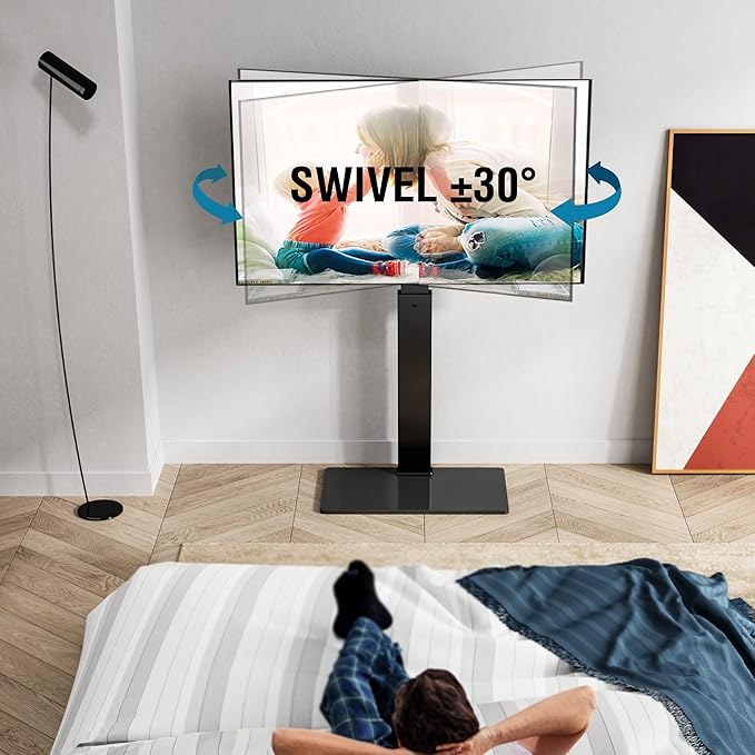 FITUEYES Swivel Floor TV Stand with Mount for TVs 37 43 50 55 60 65 70 75 Inch LCD LED Flat/Curved Screens Universal Swivel Televisions TV Mount Stand for Bedroom Living Room Black Tempered Glass Base-NeatNest