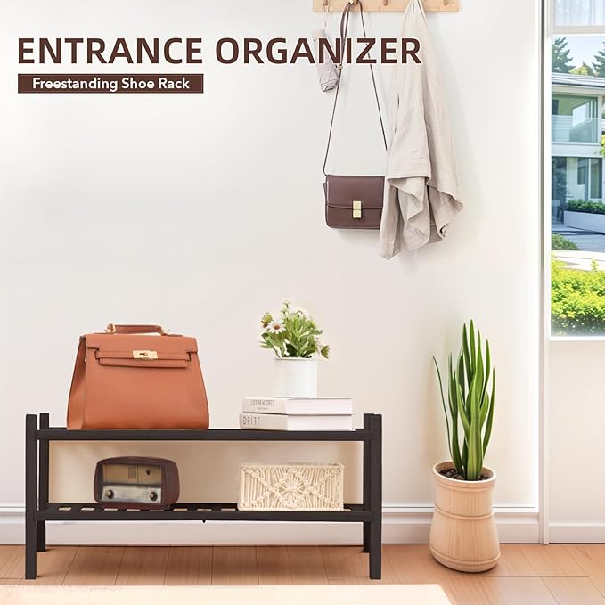 2 Tier Bamboo Shoe Rack Storage Organizer for Closet, Multifunctional Stackable Free Standing Shoe Shelf Organizer for Small Space,Entryway, Hallway, Bathroom27 x11 x13 (Brown, 2 Tier)-NeatNest