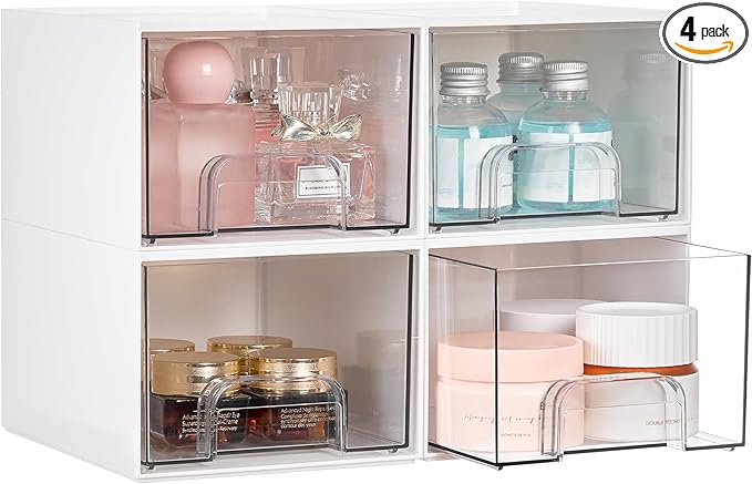 Vtopmart 4Pack Stackable Storage Drawer, 4.4'' Tall Bathroom Makeup Organizer,Plastic Storage Bins For Vanity, Undersink, Kitchen Cabinets, Pantry, Home Organization(White)-NeatNest