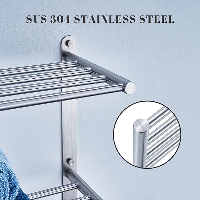 Bathroom Towel Rack with 24-Inch Multilayer Hotel Racks 304 Stainless Steel Towel Bar Shelf Wall-Mounted Brushed Finish Bar withTowel Shelves,3-Tier Bar Mounted