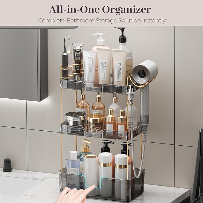 Aveniee Bathroom Counter Organizer,3 Tier Skincare Perfume Countertop Storage with Hair Dryer Rack and Toothbrush Holder, Cosmetic Makeup Tray for Vanity,Grey-NeatNest