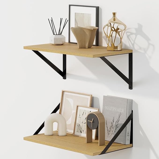 Fun Memories Deep Floating Shelves for Wall, 16W x 8D Wall Mounted Shelves Set of 2, Wide Display Ledge Shelf with Sturdy Metal Brackets for Living Room, Bathroom, Bedroom and Kitchen, Oak-NeatNest