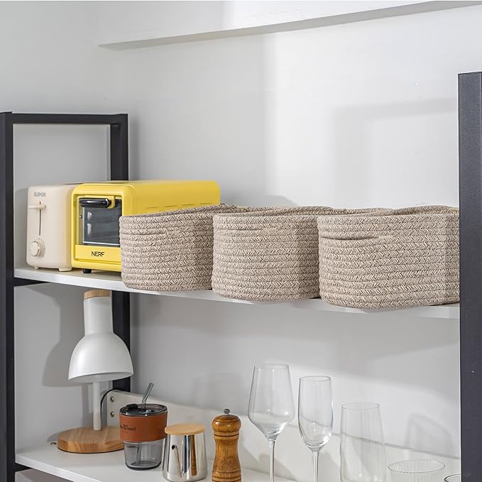 CubesLand Rectangle Organization/Storage Basket, Natural Cotton Rope Woven Baskets for Organizing, Small Basket for Kids, Baby Nursery, Cat Dog Toy Baskets, Organizer Bins for Shelves 3Pc Light Brown-NeatNest