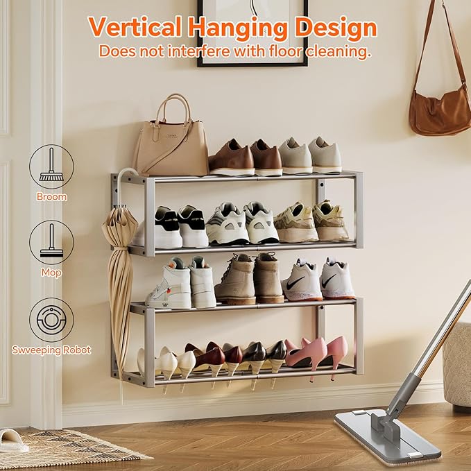 Homeiju Hanging Shoe Organizer,2 Pack Wall Mounted Shoe Rack Holds 12 Pairs,Space Saving Metal Wall Shoe Rack,Hanging Shoe Rack Shoe Holder for Small Space,Entryway,Closet,RV,Camper (Silver)-NeatNest