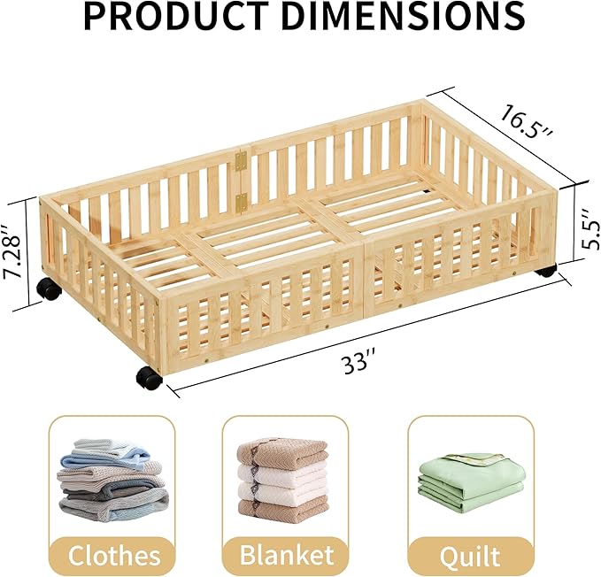 Bamboo Under Bed Storage with Wheels (2-Pack) – Rolling Underbed Shoe Organizer Box for Shoes, Blankets, Toys, Clothes Container Space-Saving Organizer Bins for Bedroom, Closet, Dorm, Nursery-NeatNest