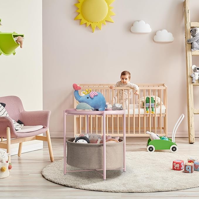 danpinera Round Side Table with Fabric Storage Basket, Metal Side Table Small Bedside Nightstand with Removable Tray Top for Living Room, Bedroom, Nursery, Laundry, Light Pink-NeatNest