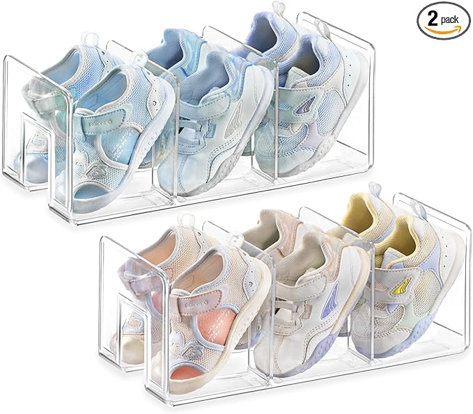 Widened 4.17 Inch Clear Acrylic Kids Shoe Rack for Closet Organizers and Storage 2 Pack, 3 Sections Small Toddler Baby Shoe Storage Organizer Shelf, Desk File Sorter Book Purse Organizer-NeatNest