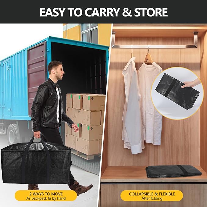 Extra Large Storage Bags Set Heavy Duty Moving Totes with Handles & Clear Tag Pocket, Waterproof Dual-Way Carrying Design College Moving Supplie, (Black, 14 Park-4 Moving bag & 10 Vacuum Seal Bags)