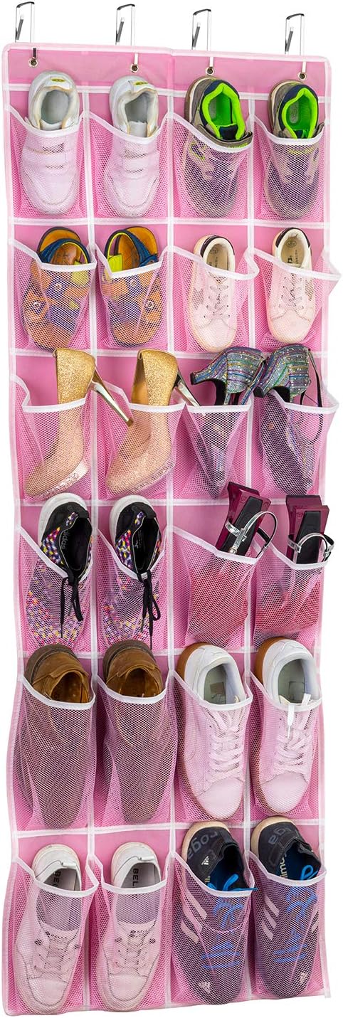 Hanging Shoe Organizer, Over The Door Shoe Organizer with 24 Breathable Mesh Pockets for Men Women Kids Hanging Shoe Storage Rack Organizer Size:58x21 Inch(Pink)-NeatNest