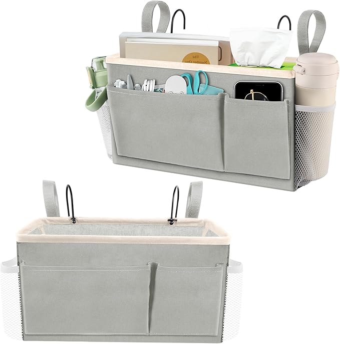 BlissTotes Bedside Caddy, Bedside Storage Organizer for Bunk Bed Accessories, Dorm Storage for Bedside Shelf and Bunk Bed Shelf, Bed Caddy for Home, Dorm, Bunk (Light Gray, 2 Pack)-NeatNest