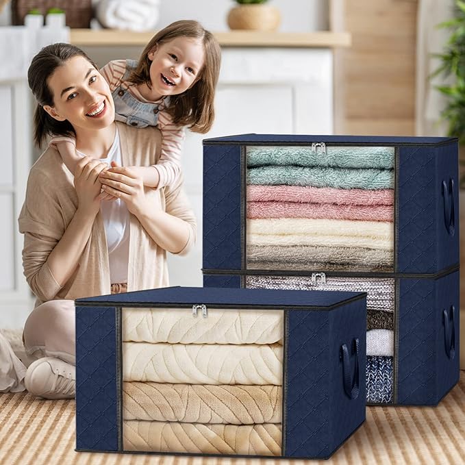 Fab totes 6 Pack Clothes Storage, Foldable Thick Fabric Blanket Storage Bags, Containers for Organizing Bedroom, Closet, Clothing, Comforter,Closet Organization with Handle,Blue-NeatNest