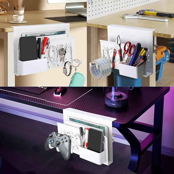 Desk Side Storage with Pen Holder & Hanging Hooks, No Drill Hanging Desk Organizer Under Desk Storage Mount, Clamp-On Laptop Holder Table Side Tray for Office and Home (White)-NeatNest