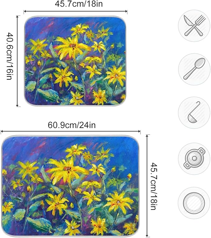 Absorbent Dish Drying Mat for Kitchen Counter - Oil Painting Flowers Microfiber Drying Pad, Reversible Drainer Mats for Countertop, Large 18" x 24"