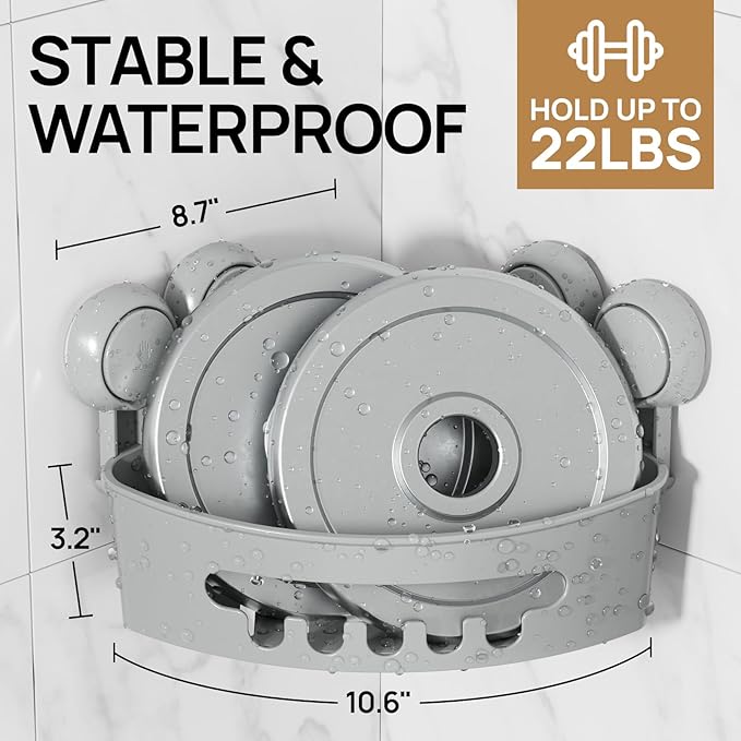 LEVERLOC Corner Shower Caddy Suction Cup, shower shelves suction cup, 2 Pack Basket Powerful Bathroom, Waterproof & Oil-proof Organizer for Kitchen, No-Drilling Removable (Grey)