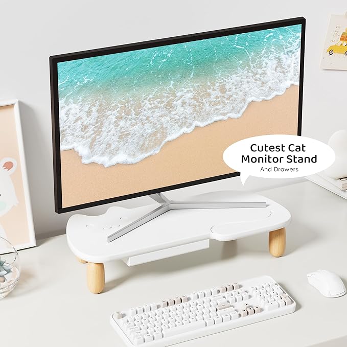 Monitor Stand Riser,Cat-Shaped Sturdy Wood Computer Monitor Stand, Monitor Stand Riser, Multi-Purpose Desktop Organizer Riser for Computer,Laptop,Printer,TV,White