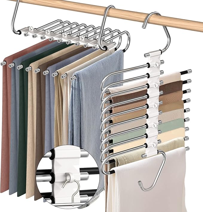 9 Layers Pants Hangers Space Saving, 2 Pack Multifunctional Pant Rack Stainless Steel Closet Organizer for Pants Jeans Leggings Trousers, Antiquewhite-NeatNest