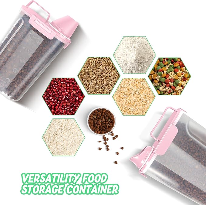 Dog Food Storage Container, Upgraded Large Nozzle BPA-free, 8-12 LBS Plastic Pet Food Storage Containers, With 4 Sealed Clasps, 1 Measuring Cup and Handle (2, Light Pink (3L+5L), (3L+5L))-NeatNest