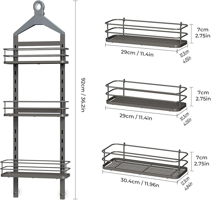 ODesign 3 Tier Height-Adjustable Shower Caddy Hanging Anti-Swing-Over The Shower Head Caddy-Showe r Storage Organizer Bathroom Shelves Basket Caddies-Grey
