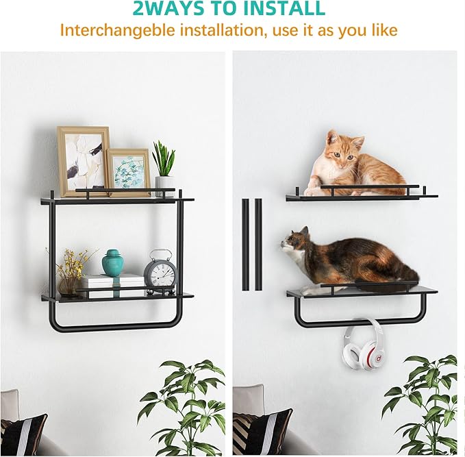 Floating Shelves, 2 Tier Wall Mounted Metal Floating Shelves Black with Frame and Towel Rack for Bathroom, Living Room, Bedroom, Kitchen
