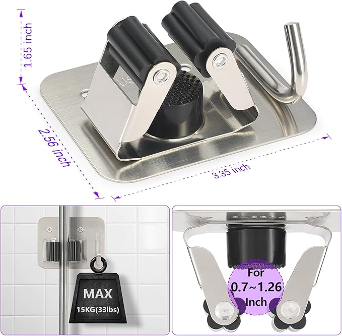 Broom Holder Wall Mount Screw Drilling, Sturdy Heavy Duty Stainless Steel Mop Gripper Rack Perforated, Perfect for Laundry Room Organizer, Fit with Laundry Kitchen Garage Garden Storage System-NeatNest
