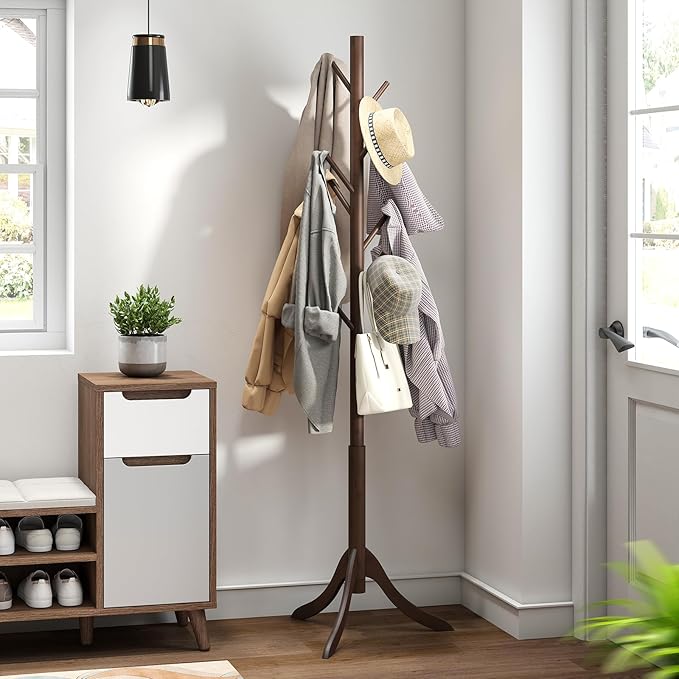 Bamboo Wood Coat Rack Stand, Freestanding Coat Tree with 8 Hooks, Hallway Entryway Hat Hanger Organizer Standing for Bedroom, Office, Clothes, Jackets, Bags, Umbrallas-NeatNest