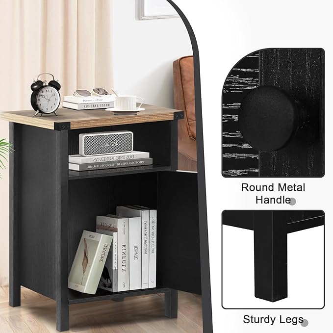 Farmhouse End Table, Nightstand, End Tables with Barn Door and Shelf, Wooden Sofa Side Table, Modern Bed Side Table Rustic Nightstands Set of 2, Bedroom, Living Room, Black