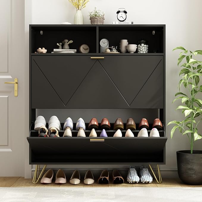 Shoe Cabinet with 2 Flip Drawers, Black Shoe Organizer Cabinet for Entryway Slim, Hidden Shoe Storage with Open Shelf & Metal Legs, Freestanding Tipping Bucket Shoe Rack Cabinet-NeatNest