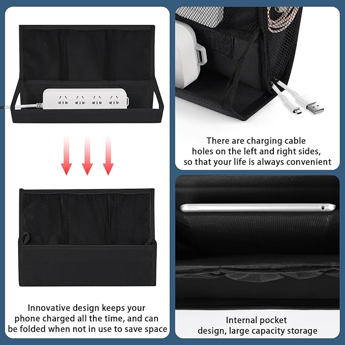Bedside Caddy Bedside Storage Organizer Bedside Organizer with Power Strip Holder and 2 Adjustable Straps for Home Bunk Bed College Dorm Sofa (2 Pack Black)-NeatNest