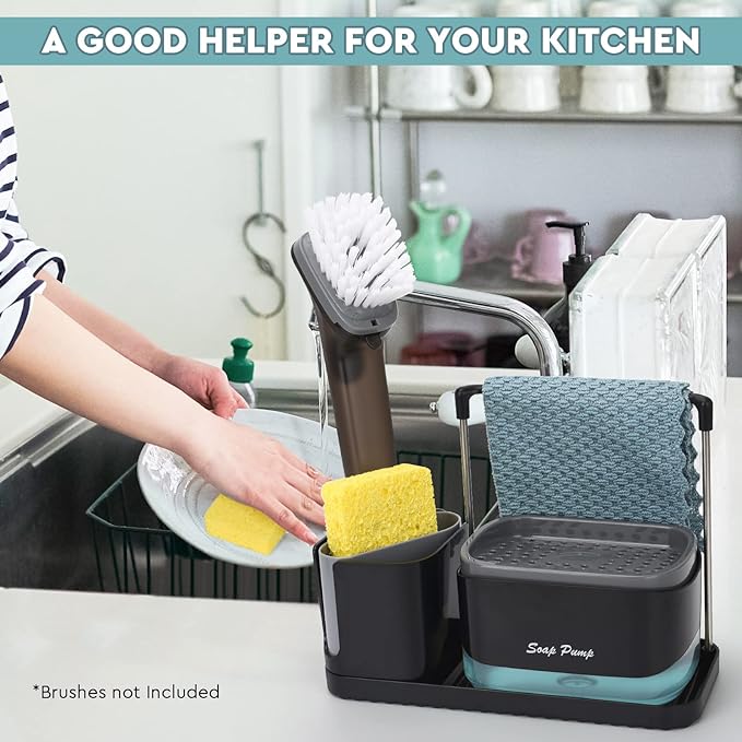 Bestseek Kitchen Soap Dispenser Set with Tray and Sponge Holder, Sink Caddy Organizer with Dishcloth and Dish Brush Holder, for Countertop Storage Organize - Practical Kitchen Gadgets-NeatNest