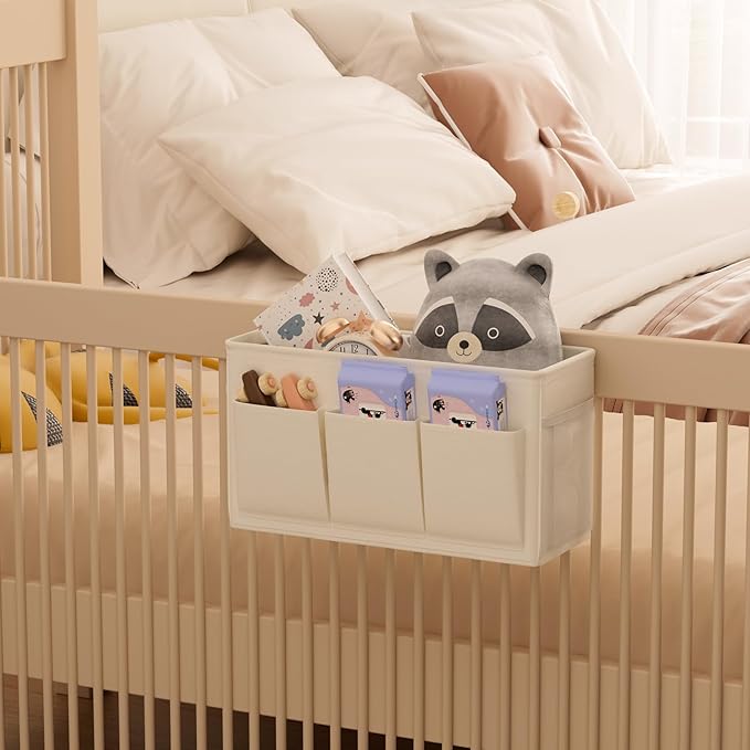Dual-purpose Bedside Caddy Bedside Organizer, Bed Caddy with 6 Pockets, Versatile Bedside Storage Solution Magazine Remotes holder, ideal for Home, Dorm, Hospital, Crib Bed (White 2pcs)-NeatNest