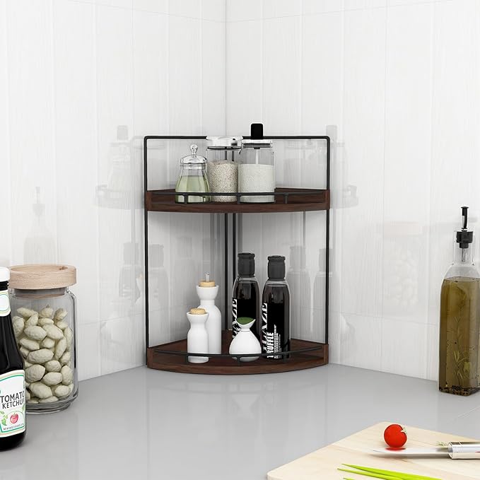 Dorhors 2-Tier Bathroom Counter Organizer,Vanity Counter Corner Shelf, Skincare, Wood Countertop Bathroom Storage and Organization for Kitchen (Walnut)-NeatNest