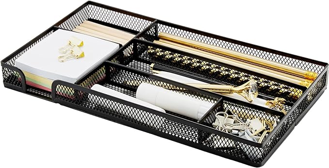 Annova Desk Drawer Organizer Tray for Office Organization - Metal Mesh - Storage Tray with Dividers for Pens, Desktop Accessories, Bathroom, Kitchen, Makeup and Office Supplies (Small, Black)-NeatNest