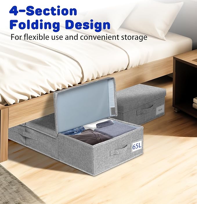 65L Jumbo Under Bed Storage, Underbed Storage Containers With Lids, Extra Large Blanket Storage Bins With Reinforced Handles For Bedroom Organization, Comforter, Clothes, Pillow -2 Pack, Grey-NeatNest